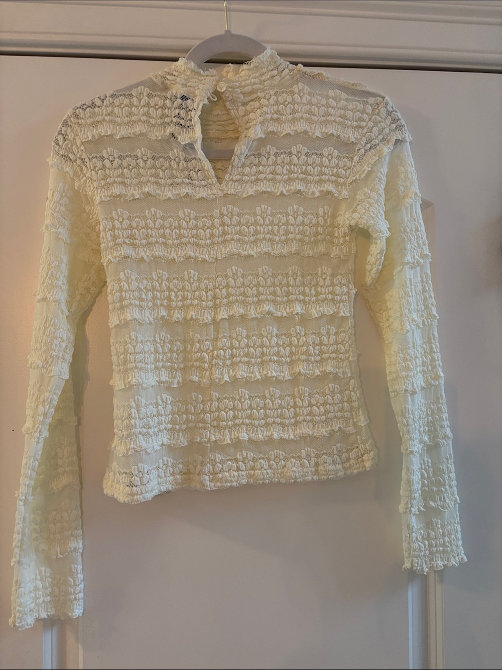 Textured Cream Ruffle Long-Sleeve Top - Picture 4 of 5